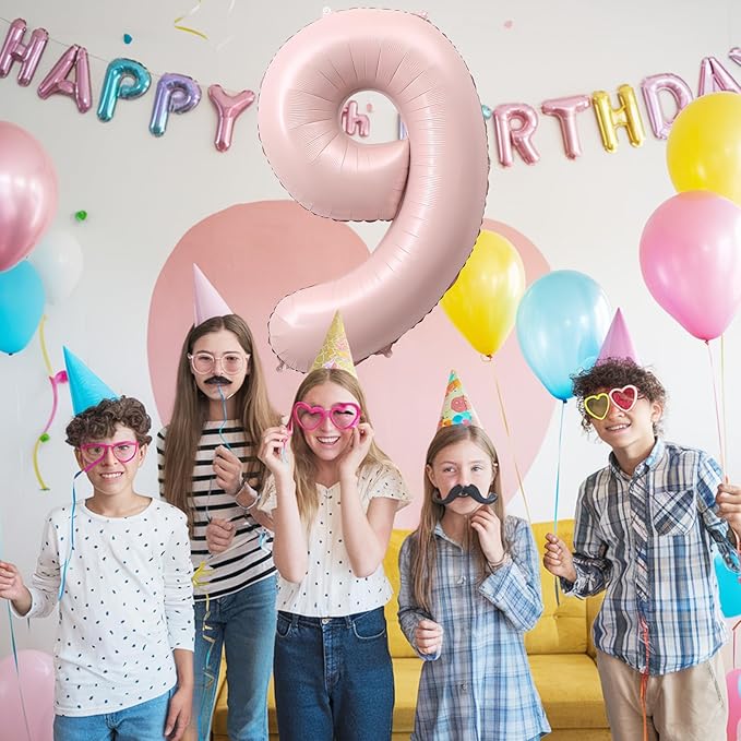40'' Pink Number Balloon 9, Self Inflating Retro Dusty Pink Foil Number Balloons Set 0-9, Self Inflating Digital 9 Helium Balloon for Girls 9th Birthday Women Anniversary Party Decorations Supplies