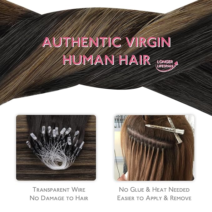 WENNALIFE Microlink Hair Extensions Human Hair, 50g 50s 20 Inch Balayage Dark Brown Mixed Chestnut Brown Remy Micro Bead Hair Extensions Real Human Hair Micro Loop