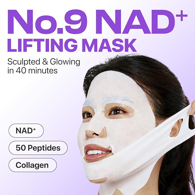 numbuzin No.9 Sheet Mask | NAD+ BIO Lifting-sil Full Face Mask | Improves Jawline, Jowls, Wrinkles, Neck Lines | Peptides, NAD+, Collagen | Skin Firmness | 4 Sheets + Lifting Band