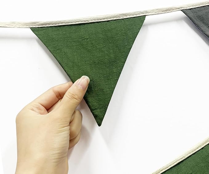 2 Sets of Green Grey Beige Nursery Garland 24Pcs Woodland Fabric Linen Pennant Banner Flags Triangle Streamers for Baby Playroom Decor Kids Camping Birthday Baby Shower Jungle Party Decorations