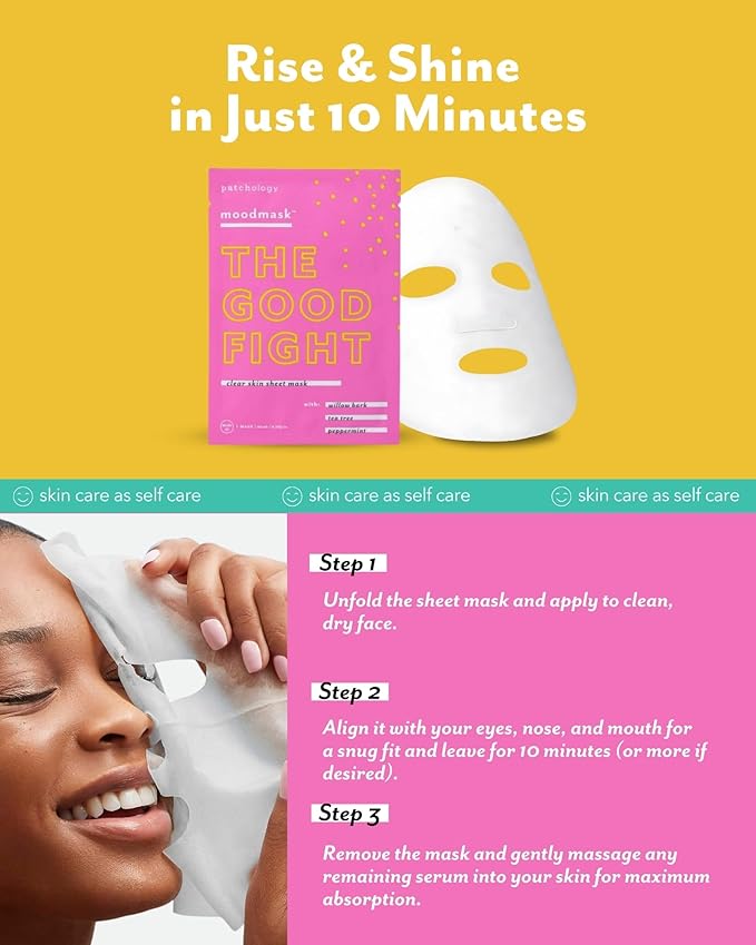 Patchology Moodmask The Good Fight Facial Sheet Mask - Hydrating & Soothing Face Mask for Men and Women - Willow Bark, Tea Tree & Peppermint for Moisture and Skin Support
