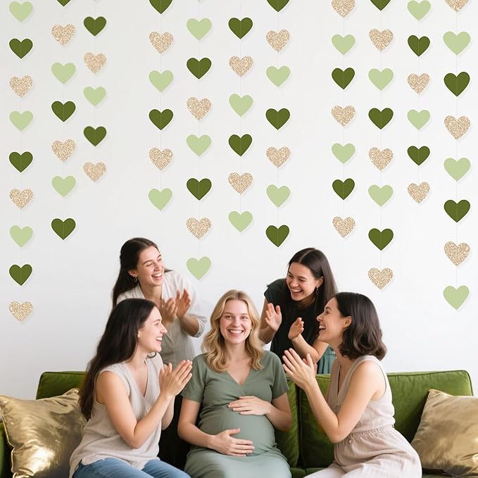 Sage Green Champagne Gold Heart Party Decorations Glitter Champagne Gold Paper Olive Green Love Heart Hanging Garland Banner Streamer for Birthday Baby Shower Wedding Anniversary Valentines Day Party