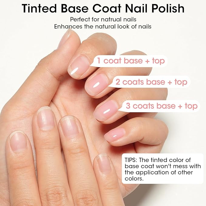 GELLEN 4‑in‑1 Clear Nail Polish Base Coat Sheer Tinted Milky Pink, Ridge Filler, Nail Strengthener & Concealer, Calcium Formula Strengthens Nails, Enhances Natural Look, No HEMA, Anti-yellowing