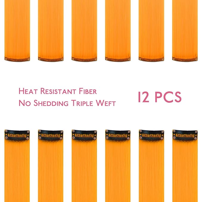 WENNALIFE 12 PCS Orange Hair Extensions Clip in, Colored Clip in Hair Extensions for Kids Highlights Rainbow Hair Clips for Girls Synthetic Straight Pop-up Style Colorful Girls Hair Accessories
