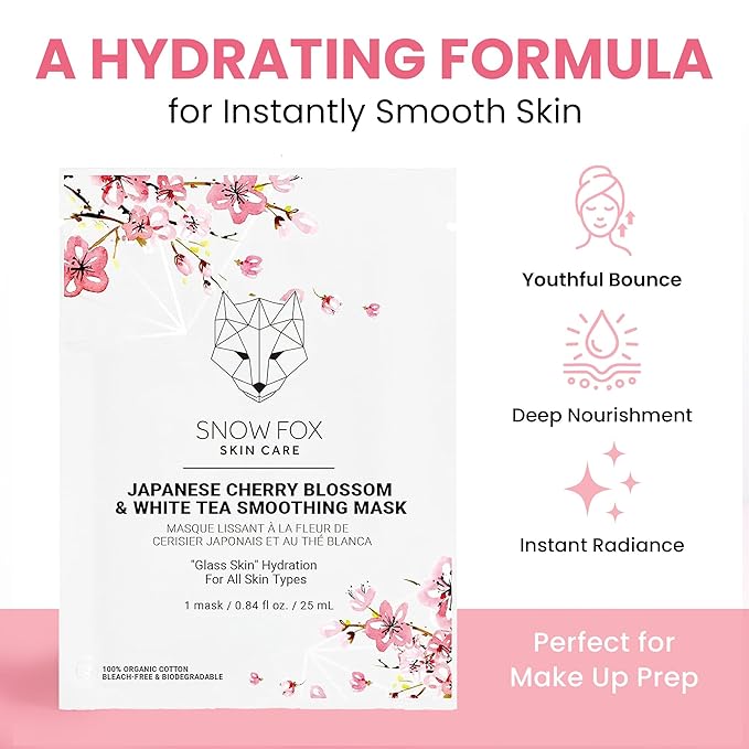 Snow Fox Japanese Cherry Blossom & White Tea Smoothing Sheet Mask – Hydrating Face Mask for Glass Skin Glow & Bridal Makeup Prep – Moisturizing Facial Skin Care for all Types – 1 Pack