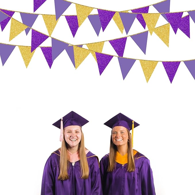 30Ft Purple Gold Party Decoration Pennant Banner Flag Hanging Glitter Paper Triangle Bunting for Baby Shower Birthday Bridal Shower Wedding Bachelorette Engagement Lavender Lilac Violet Party Supplies