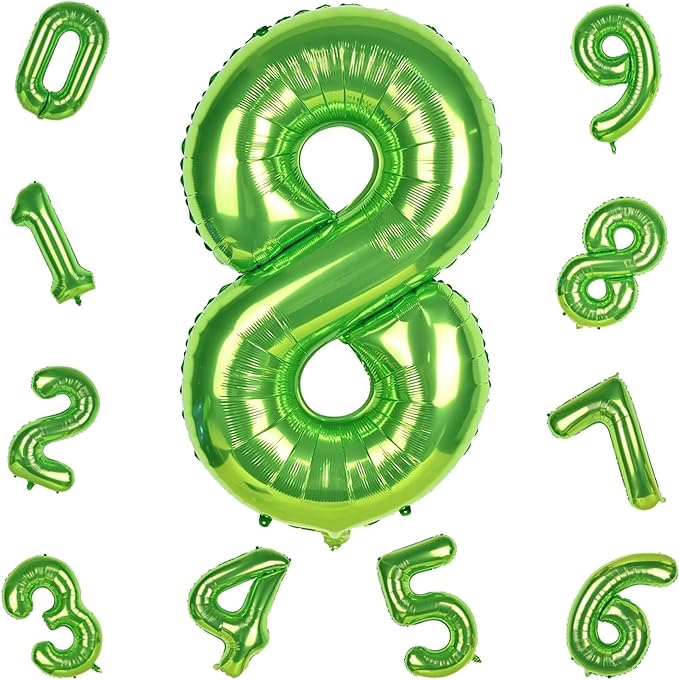 40 Inch Green Foil Balloon Number 8, Giant Self Inflating Number Balloons 0-9 for Men Women, Digital 8 Helium Balloons Set for Girls Boys 8th Jungle Birthday Anniversary Party Decorations Supplies