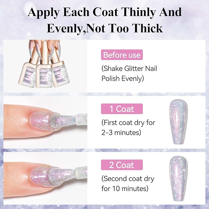 Glitter Silver Nail Polish Quick Dry, Sparkle Iridescent Nail Lacquer Air Fast Drying, Reflective Flash Long-Lasting Vegan Fingernail Polish, 12ML