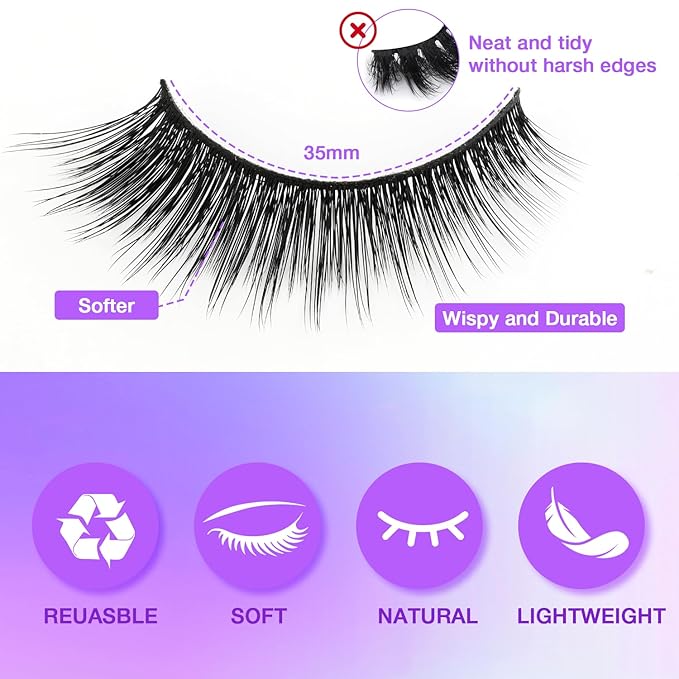 Wispy False Eyelashes Kit With Bond, Seal and Tweezer, 7 Pairs Natural Look Fake Cat Eye Lashes Strips Thin Band Extensions Waterproof Easy Eyelashes for Beginners RQ10
