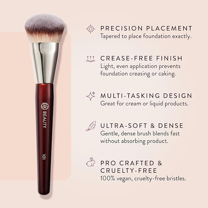 BK BEAUTY BRUSHES - 101 CONTOURED FOUNDATION BRUSH - Contoured Foundation Brush - Foundation Makeup Brushes - Face Brush For Liquid Or Cream Foundations