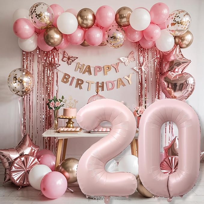 Pastel Pink 20 Balloon Number for Girls, 40'' Self Inflating Number 20 Balloons, Big Light Blush Pink Foil 2 & 0 Helium Balloon 20 for Women Boho Coquette 20th Birthday Party Anniversary Decorations