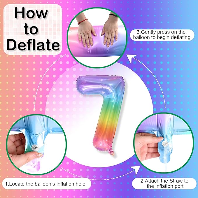 7th Birthday Balloons for Girls, 40'' Foil Self Inflating Light Rainbow Number 7 Balloon, Large Helium Mylar Colorful Multicolor 7 Balloon Number for Kids Birthday Party Decor Anniversary Decorations