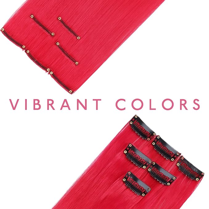 WENNALIFE 12 PCS Red Hair Extensions Clip in, Colored Clip in Hair Extensions for Kids Highlights Rainbow Hair Clips for Girls Synthetic Straight Pop-up Style Colorful Festival Girls Hair Accessories