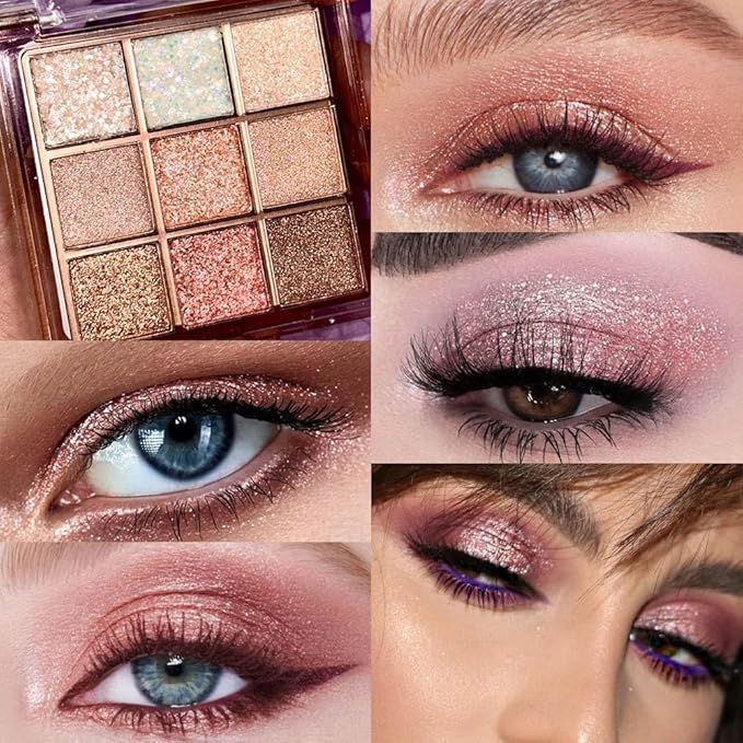 Pink Nude Glitter Shimmer Sparkle Eyeshadow,9 Colors Light Glitter Eye Shadow,Long Lasting Waterproof Natural Eyeshadow Palette,sombras para ojos
