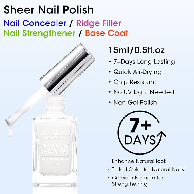 Gellen 4-In-1 Illuminating Nail Concealer Base Coat Polish Milky White, Nail Strengthener Ridge Filler For Nails, Sheer Nail Polish Smooth Strengthen Natural Nails, Quick Air Dry, Hema Free, Non-toxic