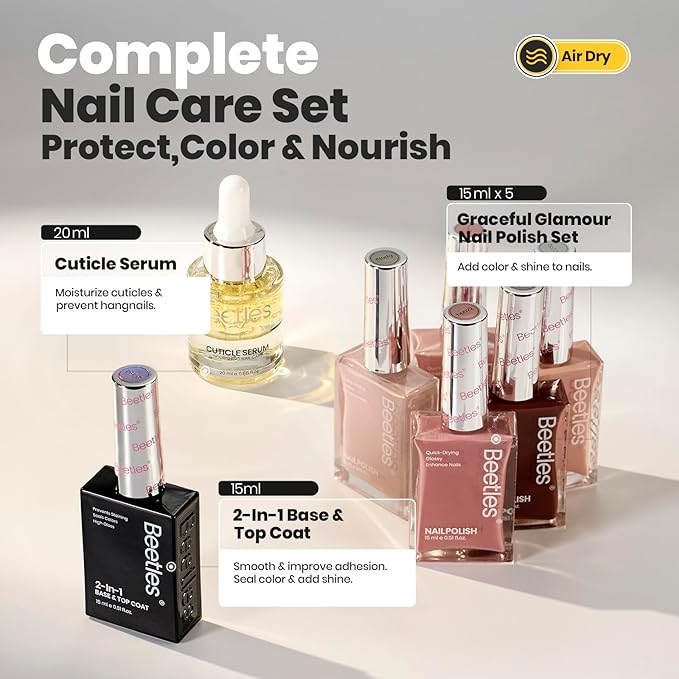 Beetles Nude Nail Polish Set 7Pcs: Fast Drying & Long Lasting Neutral Beige Brown Nail Polish with 2 IN 1 Base & Top Coat and Cuticle Serum, All-in-One Care Nails Gift Sets