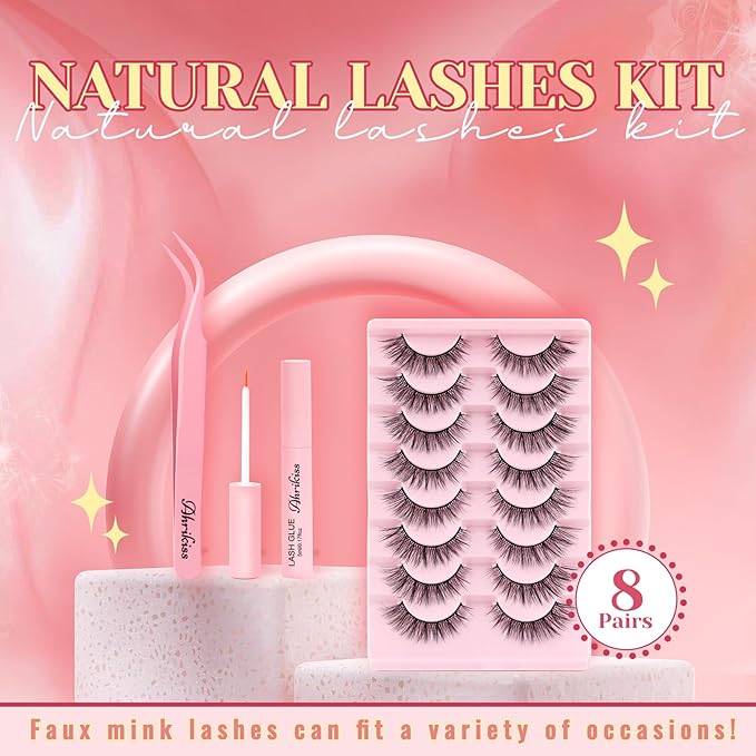 Ahrikiss Lashes Wispy False Eyelashes Natural Look Cat Eye Lashes 8 Pairs Faux Mink Lashes Lightweight Eyelashes Kit with Lash Glue and Lash Tweezers Soft Fake Lashes (Ethereal)