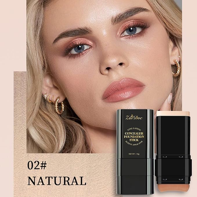 Concealer Foundation Stick, 2-in-1 Long-Lasting Foundation and Concealer with Brush, Creamy Full Coverage for Dark Circles & Blemishes, Hydrating Olive & Camellia, 2.09 Oz (02#)