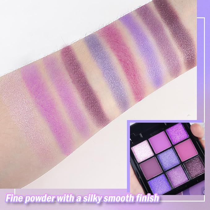 AMY'S DIARY Matte Shimmer Light Deep Purple Eye Shadow Palette Makeup,Eyeshadow Long Lasting Waterproof Cruelty-Free, 9 Blendable Shades in Smooth Finishes with Gorgeous Pearls for Girls (purple)