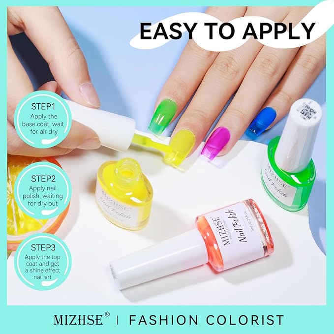 MIZHSE Quick Dry Nail Polish Set: Neon Colors Nail Polish Air Dry Fast, Fluorescent Fingernail Polish Non-Gel Yellow Orange Green Fast Drying Nail Lacquer Gift for Women Girls