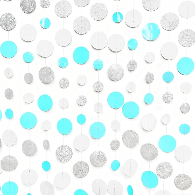 Teal Blue Silver White Party Polka Dot Garland Banner Aqua Turquoise Glitter Silver White Hanging Paper Circle Dots Streamer for Birthday Baby Shower Wedding Bridal Shower Party Decorations Supplies