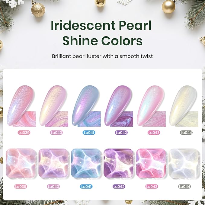 Beetles Christmas Gel Nail Polish Set – Pearl Shimmer Mermaid Gel Polish, 6 Color Pink Purple Blue Yellow Festive Gel Nail Kit, Soak Off UV LED Nail Drawing Manicure Holiday Gift for Women