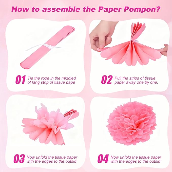 Pink Birthday Party Decorations for Women Girls, DIY Happy Birthday Banner Sign, Felt Pennant Banner, Felt Ball Garland, Tissue Paper Pom Poms, Party Decor Supplies for Daughter Wife Girlfriend