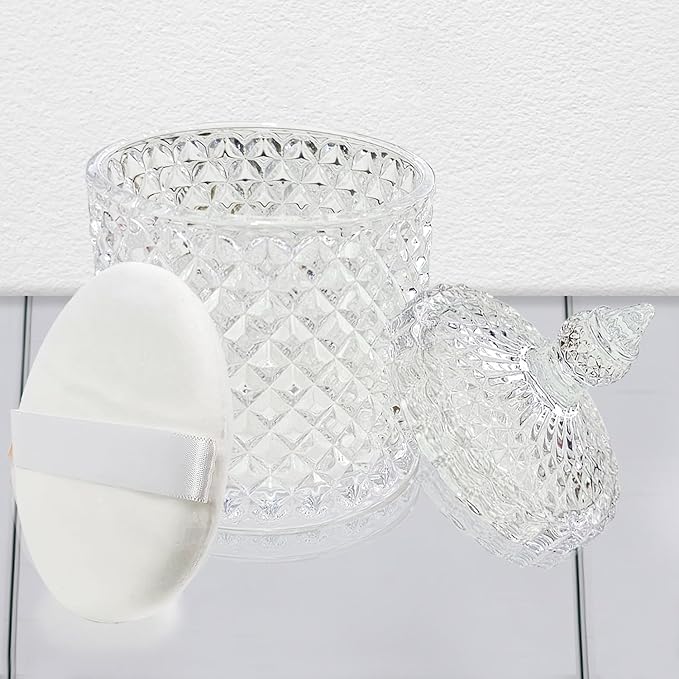3 Pcs Large Body Powder Puff and Container,Glass Reusable Box Crystal Case Jar with Soft Puff