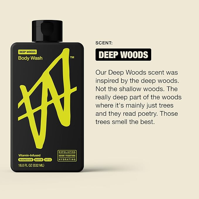 W By Jake Paul Exfoliating Body Wash for Men, Vitamin-Infused, Hydrating Shower Gel, Deep Woods, 18 fl oz (Pack of 2)