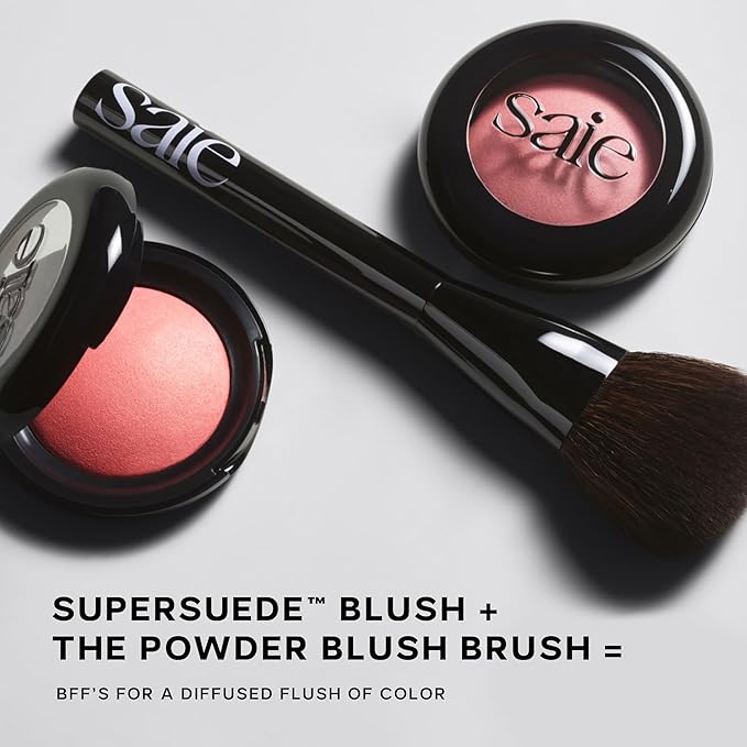 Saie Blush & Brush Duo - SuperSuede Baked Blush in Ciao (.01 oz) & Powder Blush Brush - Talc-Free, Moisturizing Blush with Vegan, Fluffy Brush for Seamless Application