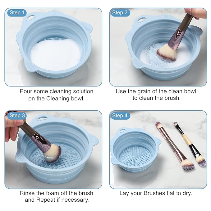 Foldable Silicone Makeup Brush Cleaner Bowl - Etercycle Portable Cleaning Tool for Brushes, Powder Puffs, and Sponges (Blue)