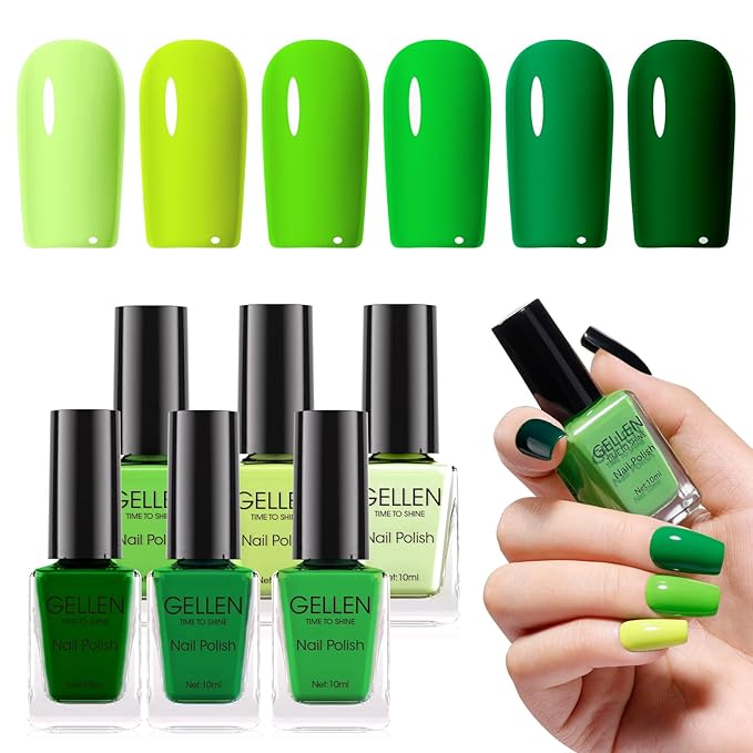 GELLEN Green Regular Nail Polish Non Gel, Fast Air Drying Full Size Green Nail Polish No UV Light Needed Spring Summer Dark Light Grass Forest Jungle 6 Colors Set for Women Manicure St. Patrick's Day