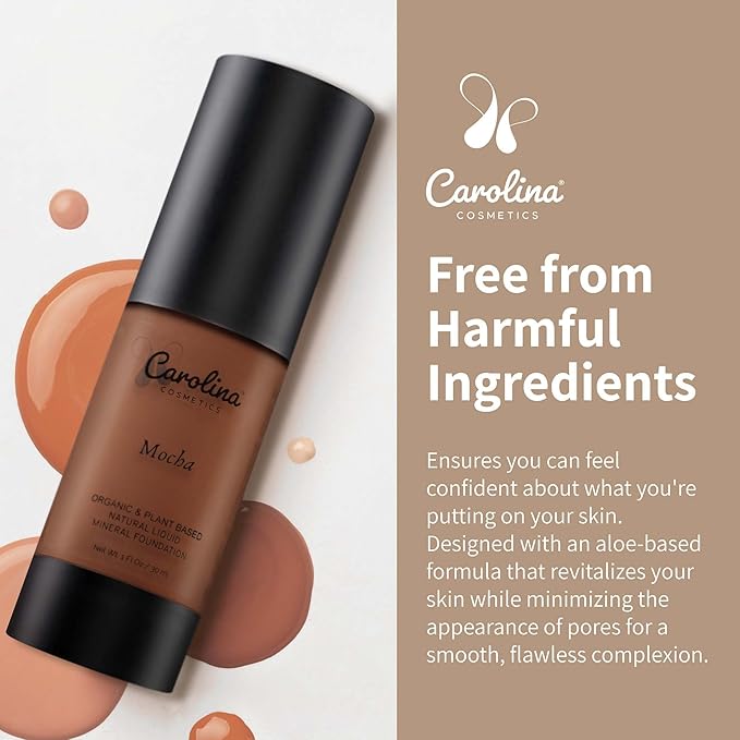 Carolina Cosmetics - Plant-Based Foundation in Mocha Shade - Hydrating, Pore-Minimizing & Buildable Coverage - Vegan, Non-GMO, Gluten-Free, Paraben-Free- Sun Protection - 1Fl Oz