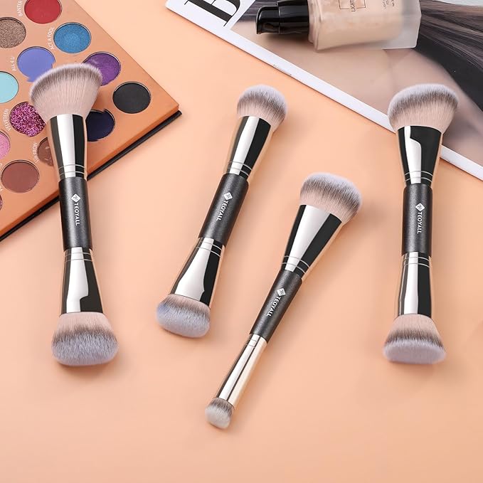 TEOYALL Dual-Ended Foundation Blending Brush, Flat Angled Kabuki and Domed Cheek Synthetic Bristles for Liquid Cream Powder