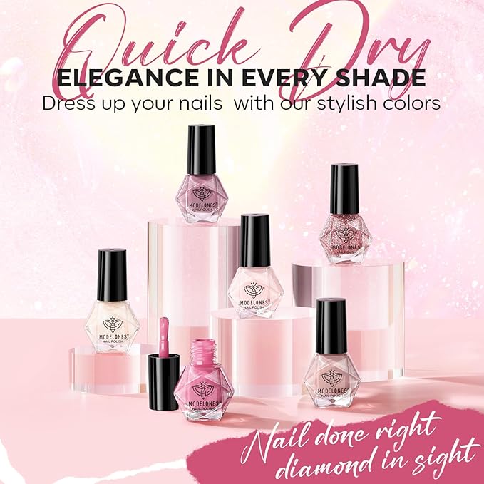 modelones Nail Polish Set 6 Colors, Milky White Pink Mini Nail Lacquer Kit Shimmer Nude Light Creamy Pink Glitter Violet Red Quick Dry Nail Art, DIY Home Travel Salon Manicure Gift for Women Girls