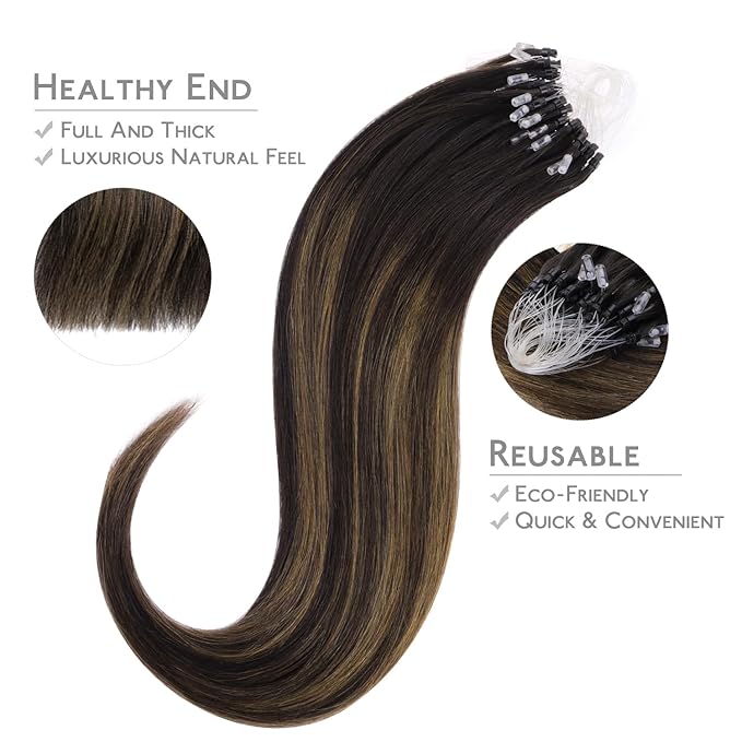 WENNALIFE Microlink Hair Extensions Human Hair, 50g 50s 18 Inch Balayage Dark Brown Mixed Chestnut Brown Remy Micro Bead Extensions Real Human Hair Loop Ring Straight Microlinks