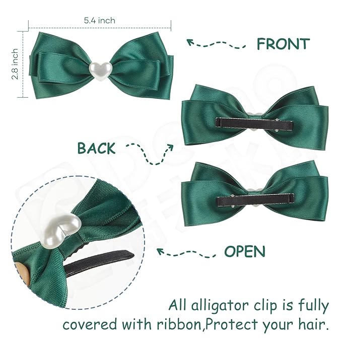 2pcs green hair bows for girls, cute bow hair clips for women, deep green bow with alligator clip, christmas and valentines hair bows, hair accessories for girls