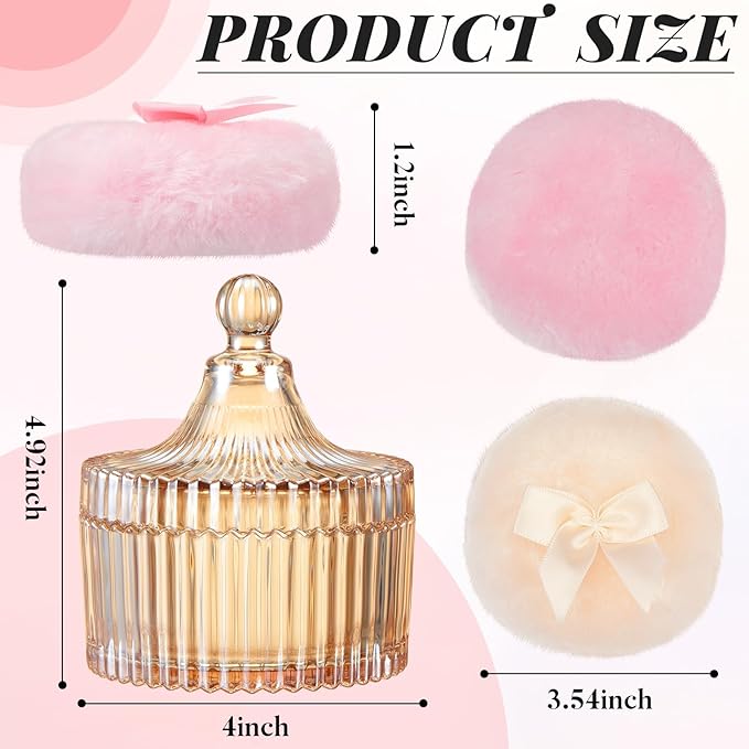 Tioncy 3 Pcs Large Body Powder Puff and Container Powder Container with Puff Crystal Case Soft Washable Reusable Velour Face Body Glitter Wet Dry Makeup(Simple,Amber)