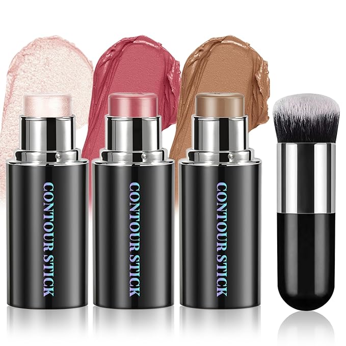 Face Contour Stick Set, Highlighter Stick & Bronzer Stick & Cream Blush Stick for Cheek Lip Tint, Long Lasting Blendable Lightweight Smooth Sculpted Face Stick Natural Dewy Makeup for All Skin