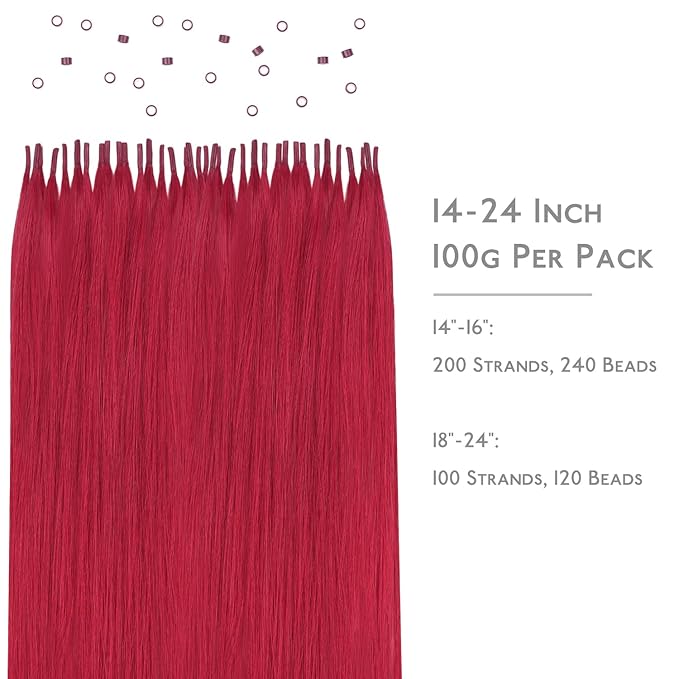 WENNALIFE I Tip Hair Extensions Real Human Hair, 100g 100s 22 Inch Red Remy Itip Human Hair Extensions Invisible Itips Straight I Tips Cold Fusion Extensions