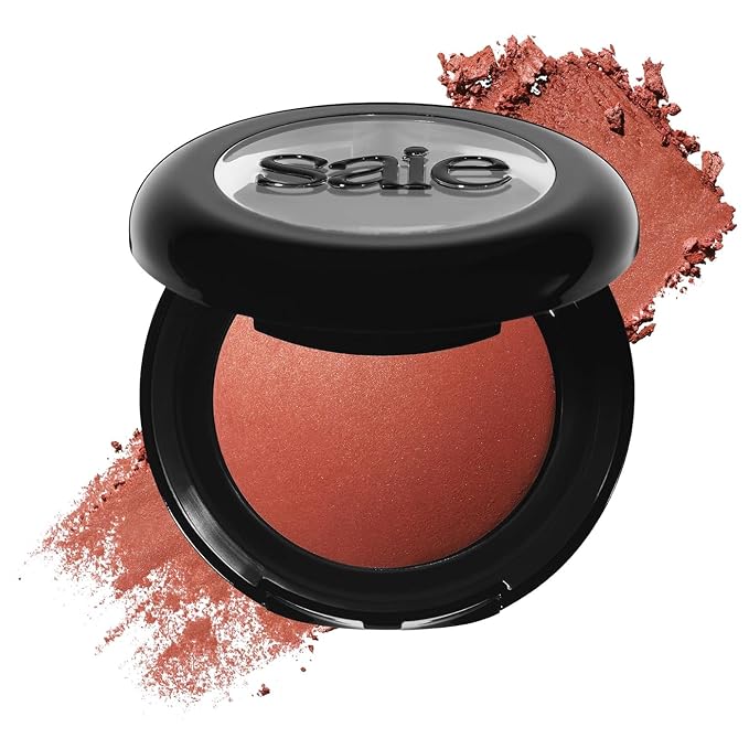 Saie Blush & Brush Duo - SuperSuede Baked Blush in Ciao (.01 oz) & Powder Blush Brush - Talc-Free, Moisturizing Blush with Vegan, Fluffy Brush for Seamless Application