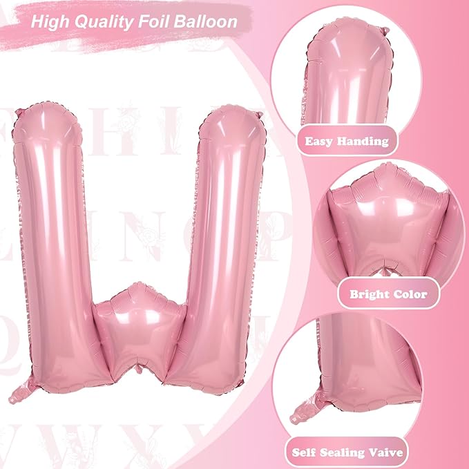 Pastel Pink W Balloon, 40 Inch Giant Baby Pink Mylar Helium Foil Letter W for Girls, Self Inflating Alphabet W Birthday Balloon for Women Anniversary Baby Shower Princess Party Decorations Supplies
