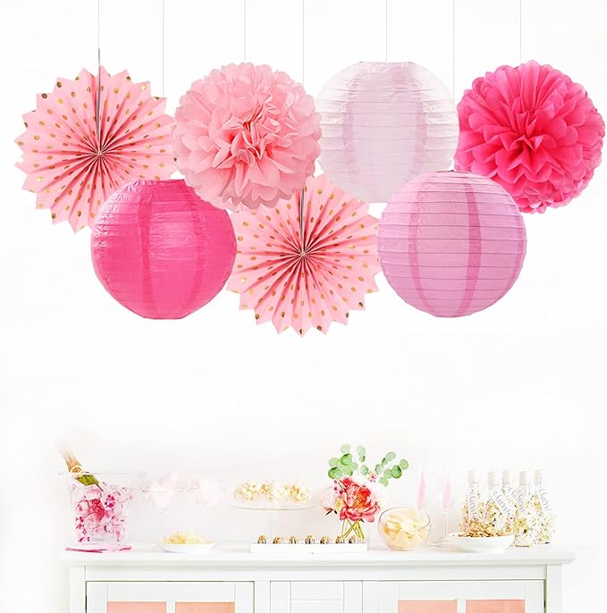 Rose Hot-Pink Party Decorations Streamers - 14pcs Girl Birthday Baby Shower Paper Lanterns Fan,Tissue Pom Poms,Honeycomb Balls,Bachelorette Bridal Wedding Engagement Supplies Decor Lasting Surprise