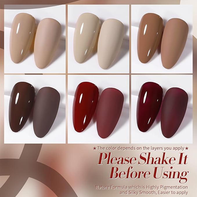 Born Pretty Fall Winter Brown Gel Nail Polish,6 Colors Brown Beige Khaki Skin Tone Gel Polish Roasted Chestnuts Chocolate Burgundy Red Gel Polish Kit for Salon Nail Art DIY at Home Manicure