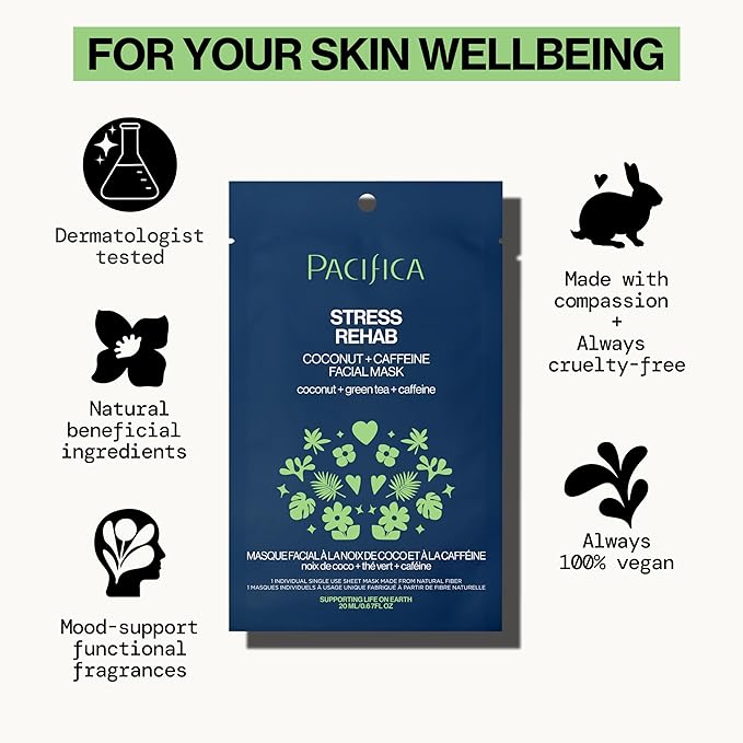 Pacifica Sheet Mask - Skin Rehab Coconut & Caffeine Facial Mask - Sheet Mask for Redness & Puffiness, Infused w/Green Tea, Turmeric & Hyaluronic Acid, Vegan & Cruelty-Free Skincare