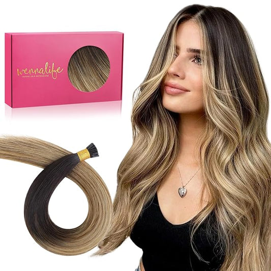 WENNALIFE I Tip Hair Extensions Human Hair, 50g 50s 22 Inch Dark Brown to Chestnut Brown and Dirty Blonde Highlighted Remy Itip Human Hair Extensions Invisible Itips Straight I Tips Fusion Extensions