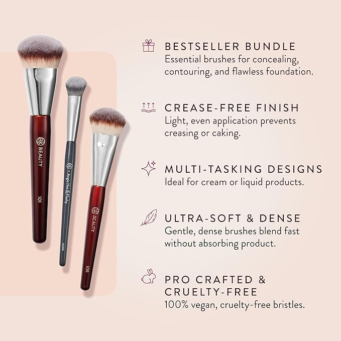 BK Beauty Brushes Set - A506, 109 & 101 Concealer, Contoured Foundation, and Mini Foundation Brushes - Essential Makeup Brush Trio for Flawless Application