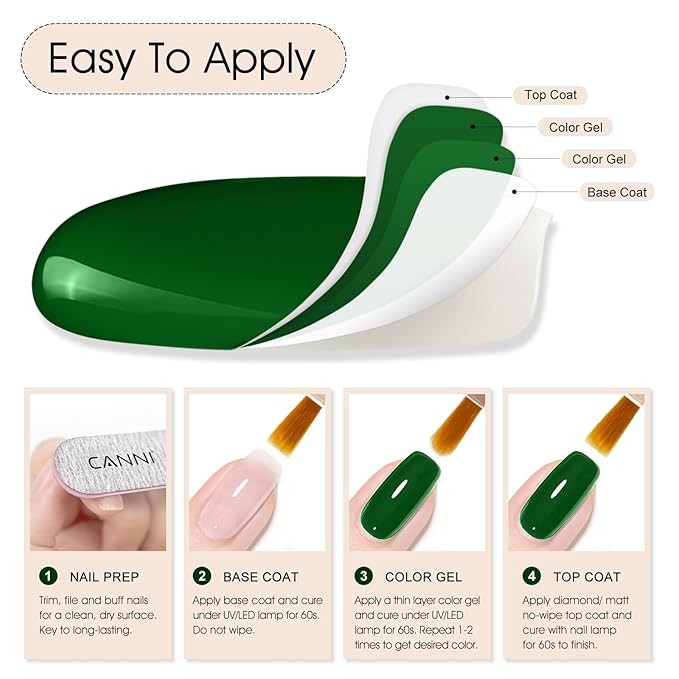CANNI Green Gel Nail Polish, 1Pcs Emerald Dark Green Color Gel Polish Nail High Gloss Soak Off UV French Manicure Salon DIY