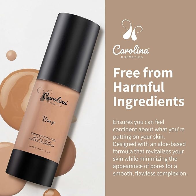 Carolina Cosmetics - Foundation in Breeze Shade Plant-Based - Hydrating, Pore-Minimizing & Buildable Coverage - Vegan, Non-GMO, Paraben-Free - 1oz