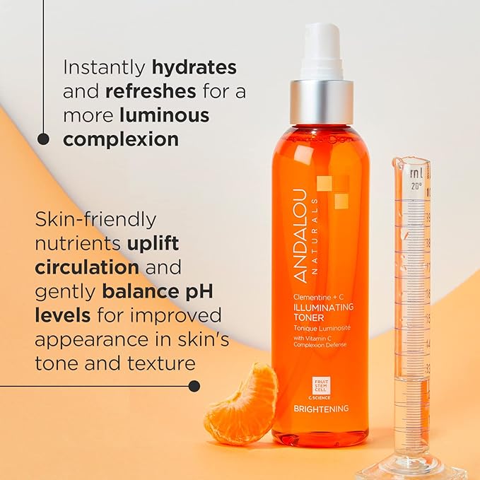 Andalou Naturals Illuminating Facial Toner Clementine + Vitamin C - Hydrating Face Mist Toner to Balance & Refresh Skin - with Fruit Stem Cell Complex Plus Aloe Vera - 6 fl oz